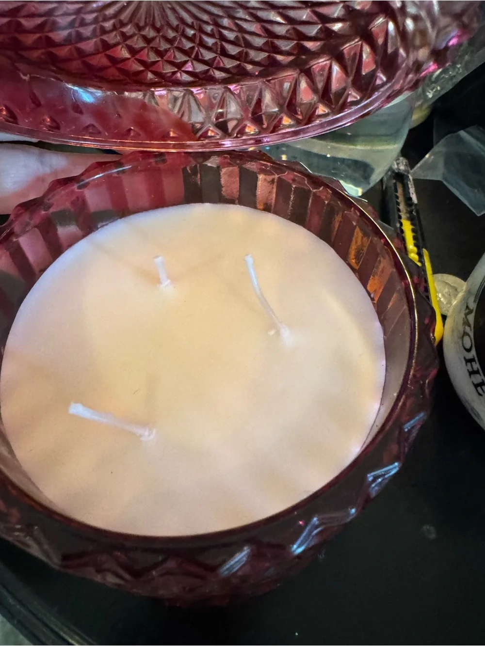 Francesca Pink Glass Three-Wick Candle in Decorative Cut Glass Jar
